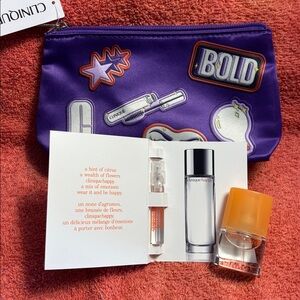 2 NEW Clinique Happy Travel Size Perfumes 4mL Spray & .05 mini plus make up bag